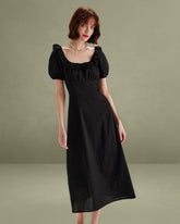 Black Embroidery Puffed Sleeve Maxi Dress