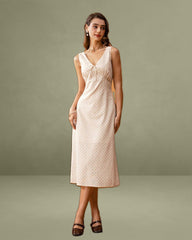 Beige V-neck Ruched Sleeveless Midi Dress