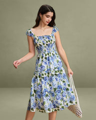 Blue Floral Square Neck Shirred Midi Dress