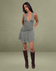 Yelena Halter Neck Mini Dress in Glitter Knit Khaki