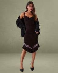 Quelin Midi Dress in Chocolate Brown with Rose Embroidery