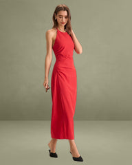 Women's Red Shirred Halter Maxi Dress