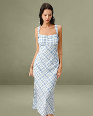 Blue Plaid Square Neck Slip Midi Dress