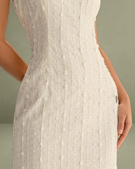 Beige Textured Beaded Slip Midi Dress