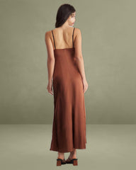 Brown Chiffon V Neck Slip Maxi Dress