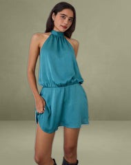 Davina Mini Dress in Stripe Satin Teal
