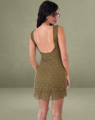 Renata Mini Dress in Textured Moss Green