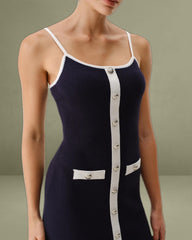 Blue Backless Sleeveless Pocket Knitted Mini Dress