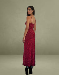 Darsih Cami Maxi Dress Red Grunge Floral Flock