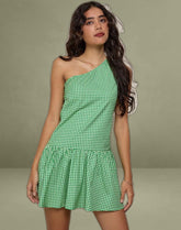Munasa One Shoulder Mini Dress in Mini Gingham Green