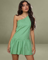 Munasa One Shoulder Mini Dress in Mini Gingham Green