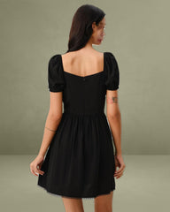 Black Sweetheart Neck Puffed Sleeve Mini Dress