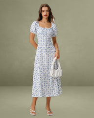 Blue Floral Square Neck Ruched Midi Dress