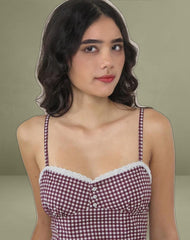 Delphine Mini Cami Dress in Mini Gingham Wine with White Lace