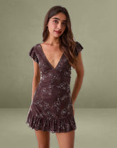 Motarika Mini Dress in Doodle Flower Flock Brown