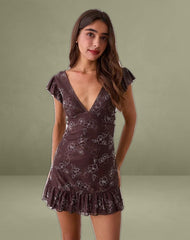Motarika Mini Dress in Doodle Flower Flock Brown
