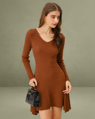 Caramel A-Line Pleated Sweater Dress