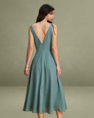 Green Boat Neck Backless Slip Midi Dress