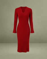 Red V Neck Ribbed Sweater Dress