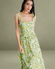 Green Floral Backless Maxi Dress