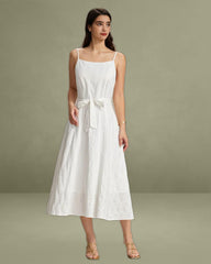 White Textured Square Neck Slip Midi Dress