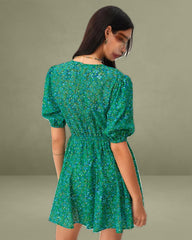 Green Ruched Elastic Waist Mini Dress