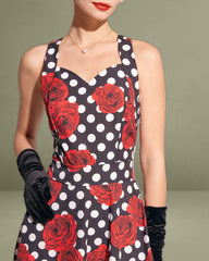The Sweetheart Neck Polka Dot Rose Halter Midi Dress