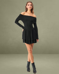 Black A-Line Off The Shoulder Mini Dress
