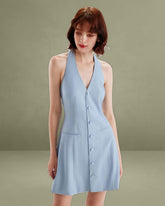 Blue Button Pocket Halter Mini Dress