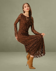 Brown Floral Bell Sleeve Maxi Dress