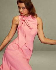 Pink Turtleneck Bowknot Satin Midi Dress