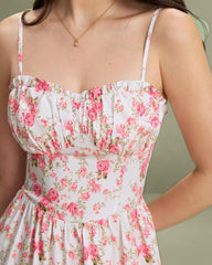 Pink Floral Sweetheart Neck Shirred Slip Midi Dress