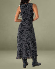 Gabriela Midi Dress in Vine Flocked Floral Ocean Storm