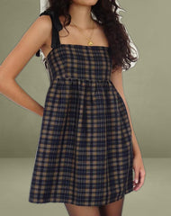 Mikayla Square Neck Mini Dress in Navy and Mustard Check