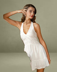 White V Neck Pleated Backless Mini Dress