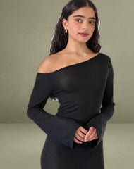 Aldiana Long Sleeve Asymmetric Maxi Dress in Sheer Knit Black