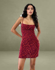 Darsya Mini Dress in Grunge Floral Flock Red