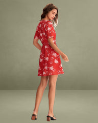 Red Floral A-Line Wrap Mini Dress
