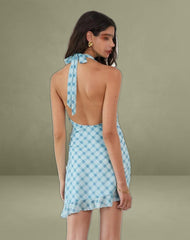 Alira Halterneck Dress in Blurred Check Blue