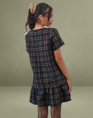 Asterin Mini Smock Dress in Navy Mustard Check