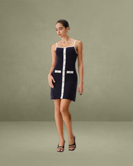 Blue Backless Sleeveless Pocket Knitted Mini Dress