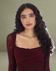 Luth Mini Dress in Ditsy Flocked Burnt Maroon