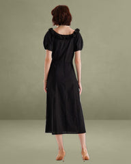 Black Embroidery Puffed Sleeve Maxi Dress