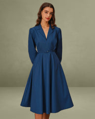 Blue V-Neck Belt Midi Dress