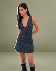 Luscian Plunge Mini Dress in Micro Polka Navy