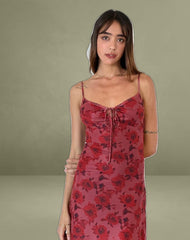 Coya Midi Dress in Fairy Floral Burgundy Flock
