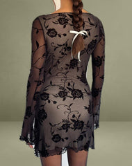 Sevila Long Sleeve Mini Dress in Black Rose Flock