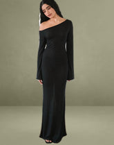 Aldiana Long Sleeve Asymmetric Maxi Dress in Sheer Knit Black