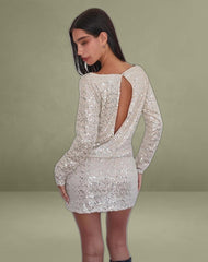Jasilia Long Sleeve Mini Dress in Neutral Sequin