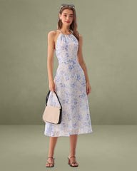 Blue Floral Halter Midi Dress